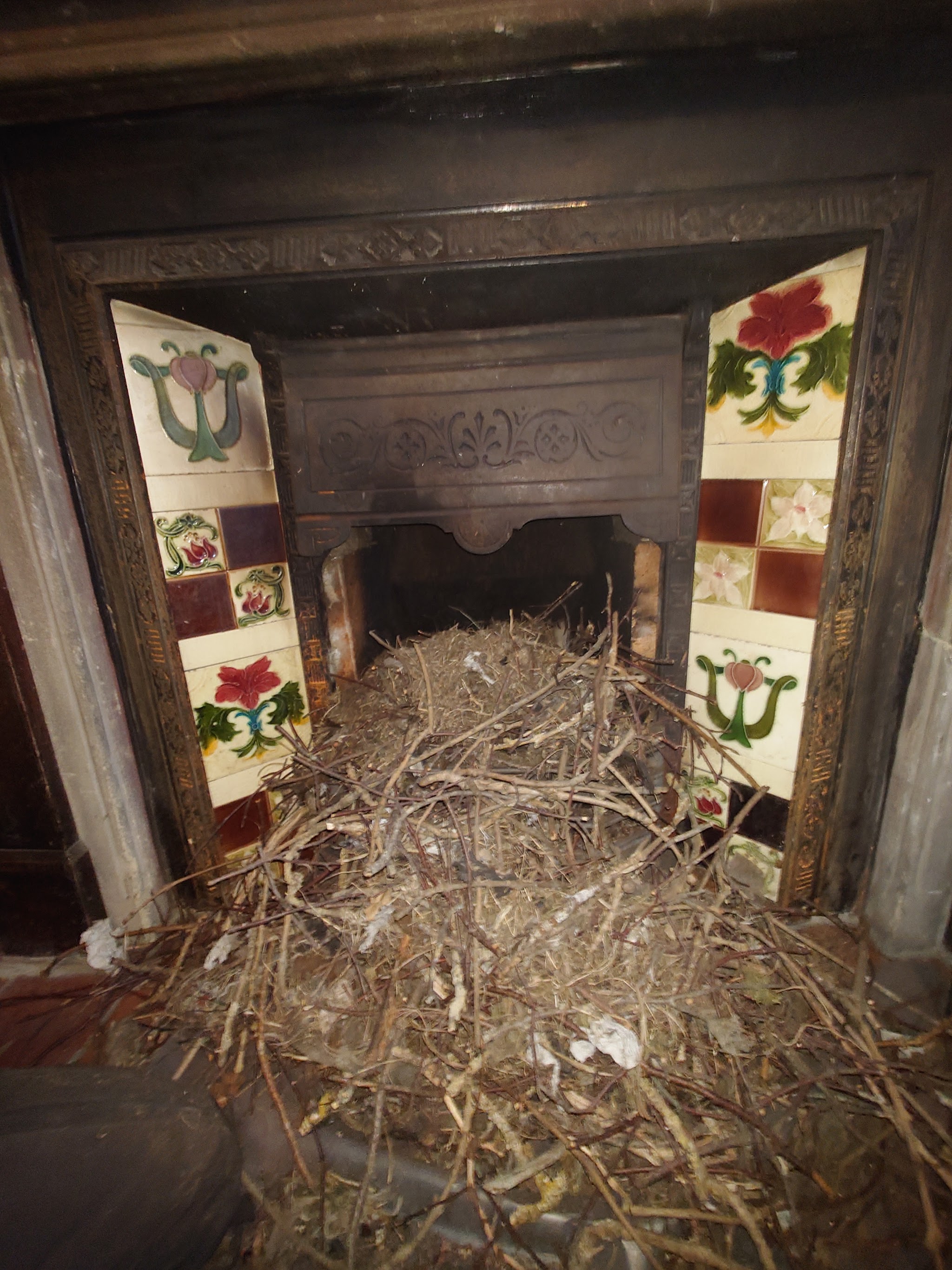 A nest brought down into a tiled Victorian fireplace